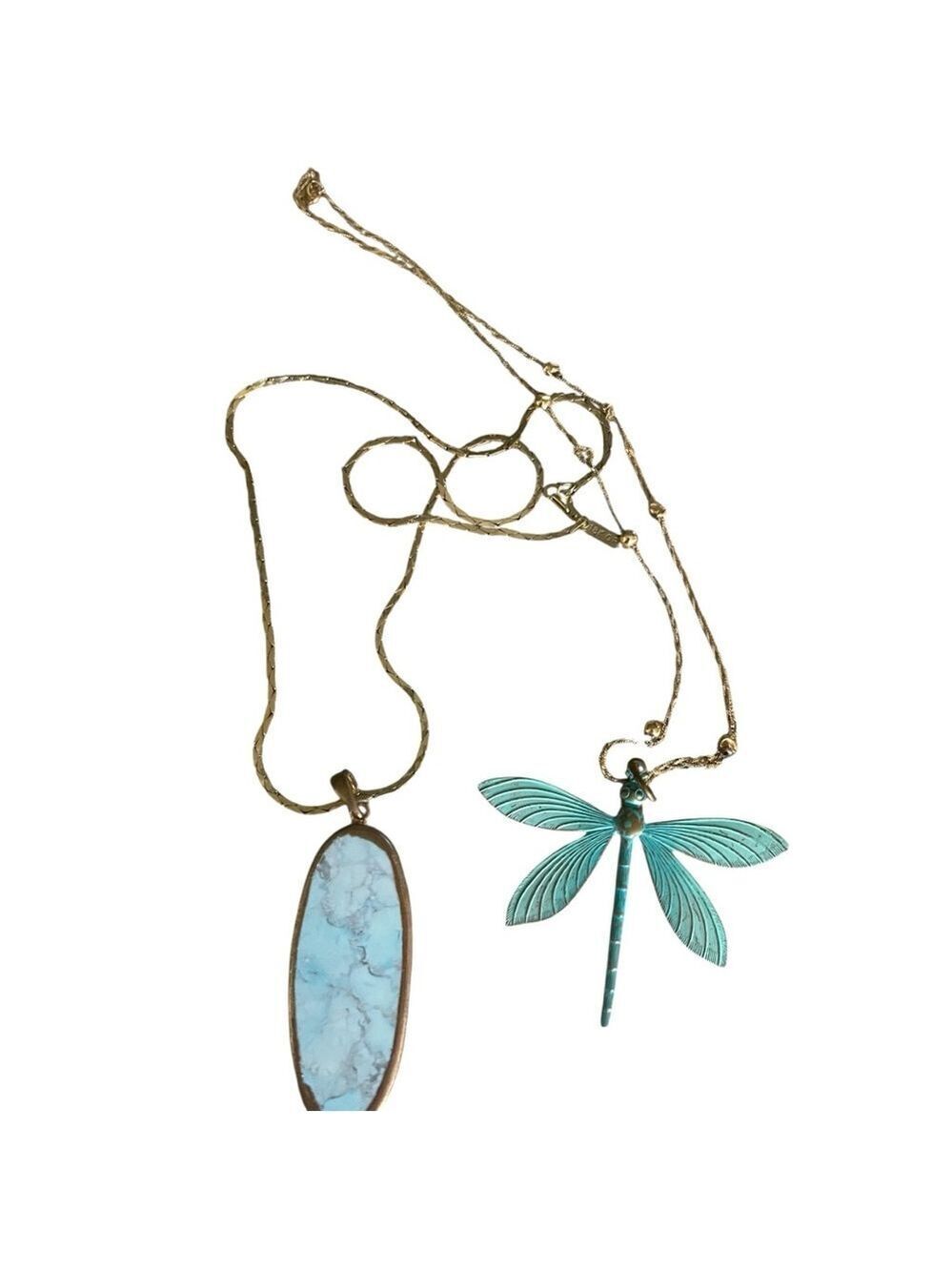 Gold Turquoise Dragonfly Pendant Necklace 18KP GF Chain
